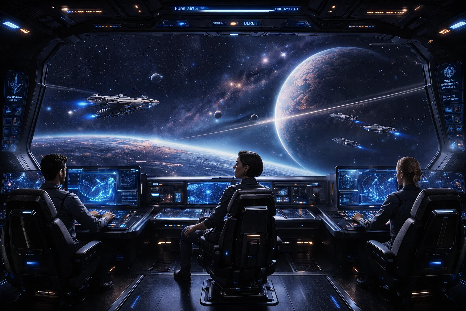 Futuristische Kommandozentrale eines Raumschiffs mit großen Panoramafenstern, die den Blick auf den Weltraum freigeben, beleuchteten Kontrollpulten und modernen Arbeitsstationen.